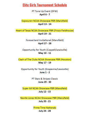Elite HS GIrls Tournament Schedule